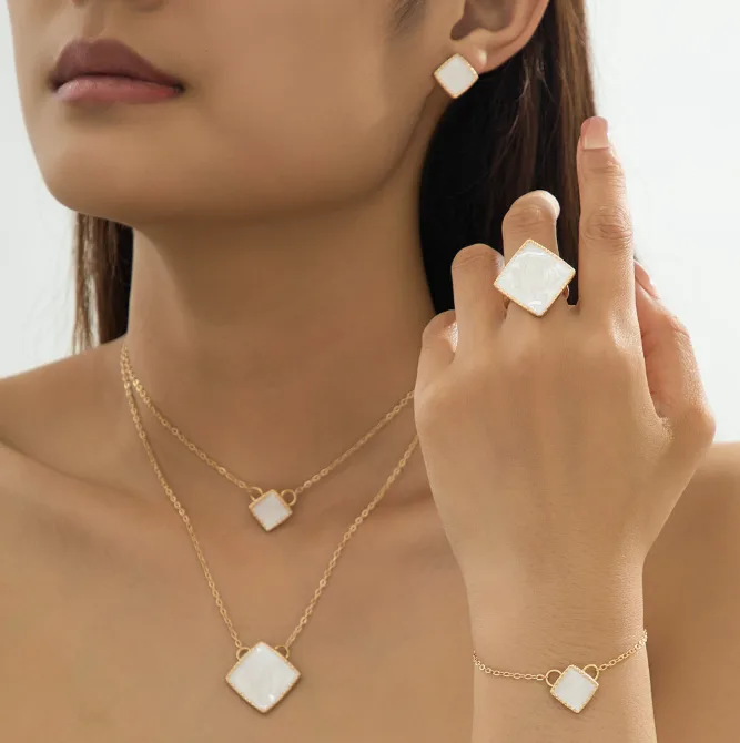 Minimalist Double Square Swirl Texture Pendant Necklaces Matching Bracelet Stud Earrings Adjustable Ring Elegant Office Daily Women Statement Jewelry view 3