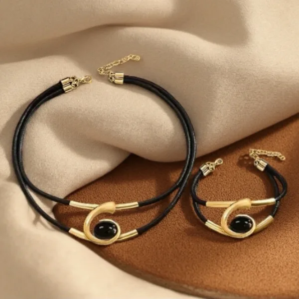 Boho Spiral Oval Black Stone Double Cord Necklaces Loop Stone Bracelets Women Personalized chunky Statement Jewelry Sets