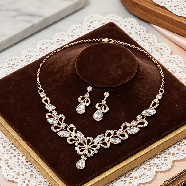 luxury Full with Rhinestone flower pendant necklaces waterdrop earrings jewelry sets for women Daily Party gift