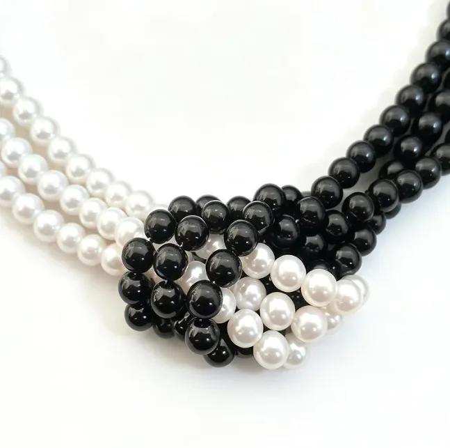 Smooth Imitation Pearl Multi Strand Black White Knotted Collar Choker Retro Colorblock Fashion Statement Necklace women Jewelry view 2