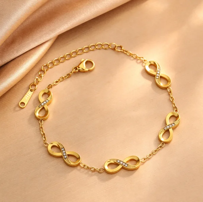 Anti Tarnish Stainless Steel Shiny Zircon Infinity Symbol Necklaces Bracelets Stud Earrings Waterproof Dainty Long Lasting Women Jewelry Sets view 2