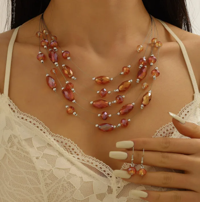 Light Green Multi Wire Chunky Layered Beaded Collar Necklaces Tiny Dual Bead Hook Earrings Summer Fresh Delicate Daily Fashion Jewelry for women view 3