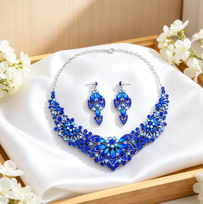 Luxury Leaf Floral flower Full Rhinestone Bib Choker Necklaces Long Drop Earrings Royal Blue diamond Party Women Jewelry Sets