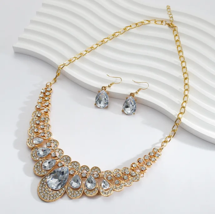Luxury Sapphire Tone Teardrop Rhinestone Bib Necklaces Drop Earrings Elegant Wedding Bule diamond Jewelry for women set