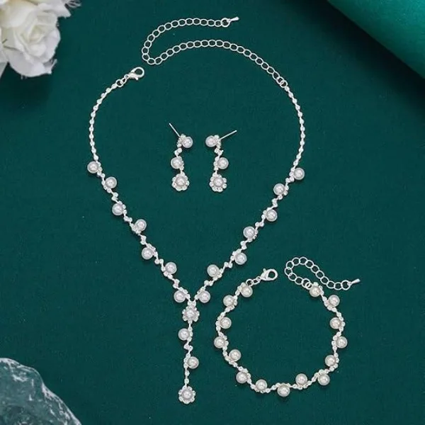 Floral Rhinestone Ornate Necklaces Fringed pearl Drop Earrings Beaded Bracelets for Women party Wedding Guest Party Jewelry Sets view 2