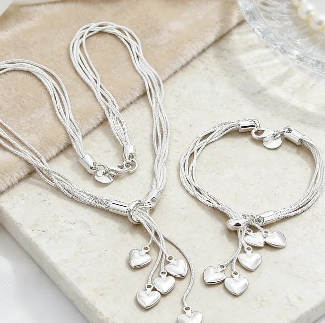 Silver Plated Copper Multi Snake Chain Heart Drop Y Necklaces Tassel Hook Earrings Charms Adjustable bracelet Minimalist Daily Jewelry