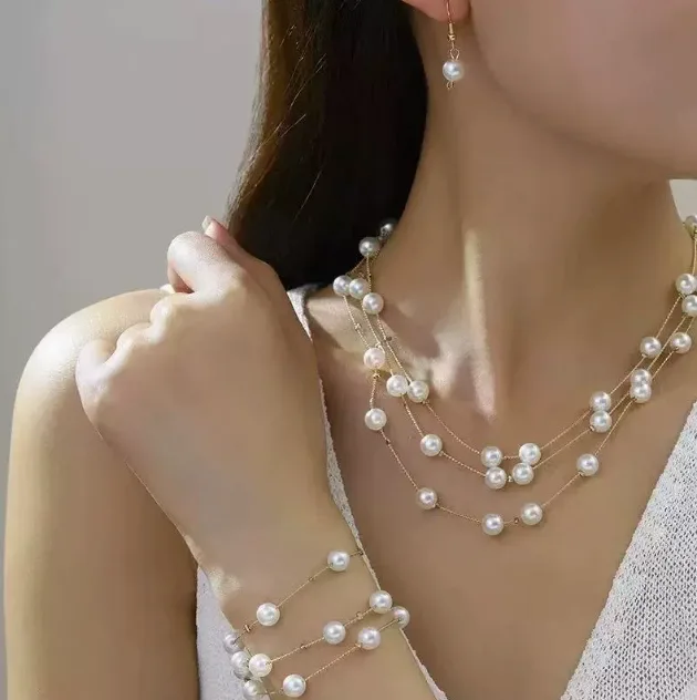 Minimalist Multi Layer Floating Pearl Strand Necklaces Hollow Loop Pearl Drop Earrings Women Daily Bridal Layering Jewelry Sets view 3
