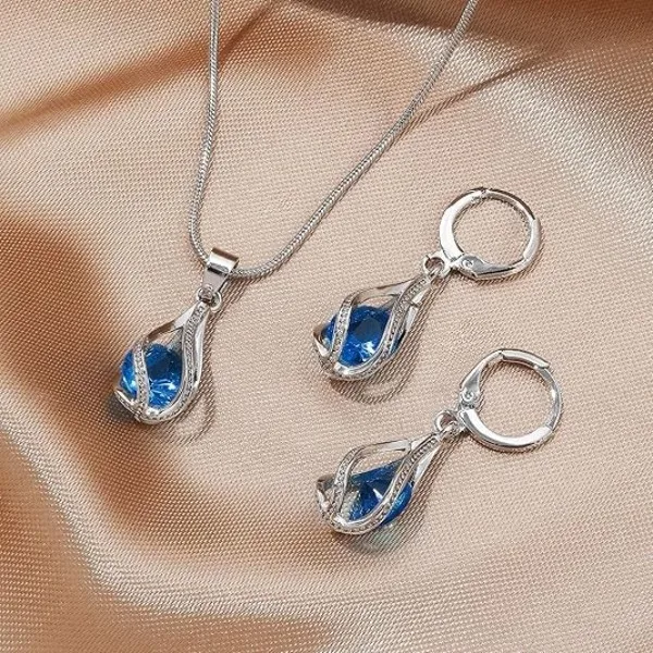 Elegant Teardrop Pendant Necklaces blue zircon hoops Drop Earrings for Women fashion wedding Jewelry Sets CZ Bridal Brides Accessories view 3