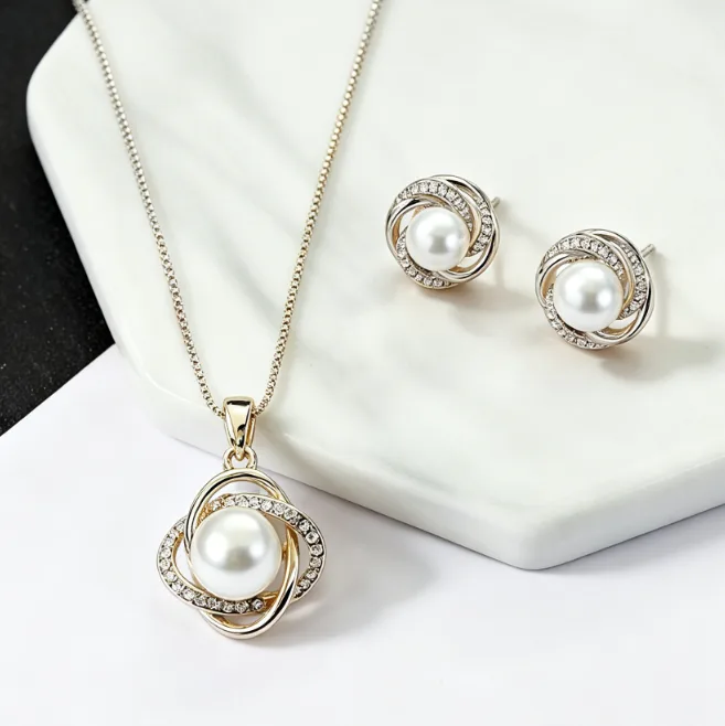 Twisted Floral Rhinestone Wreath White Imitation Pearl Pendant Thin Box Chain Necklaces Stud Earrings Women Elegant Wedding Jewelry Sets view 2