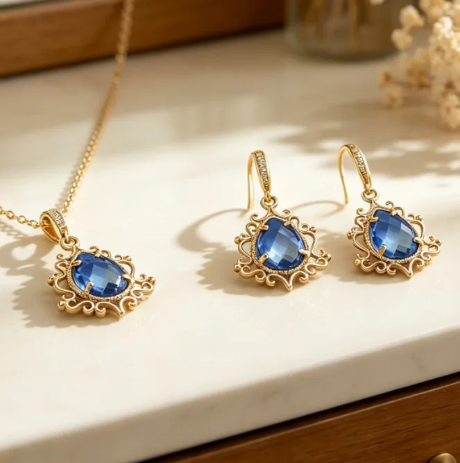 Copper Inlaid Zircon Vintage Hollow Filigree Teardrop Blue Gem Pendant Necklaces Hook Drop Earrings Wedding Banquet Elegant Women Jewelry