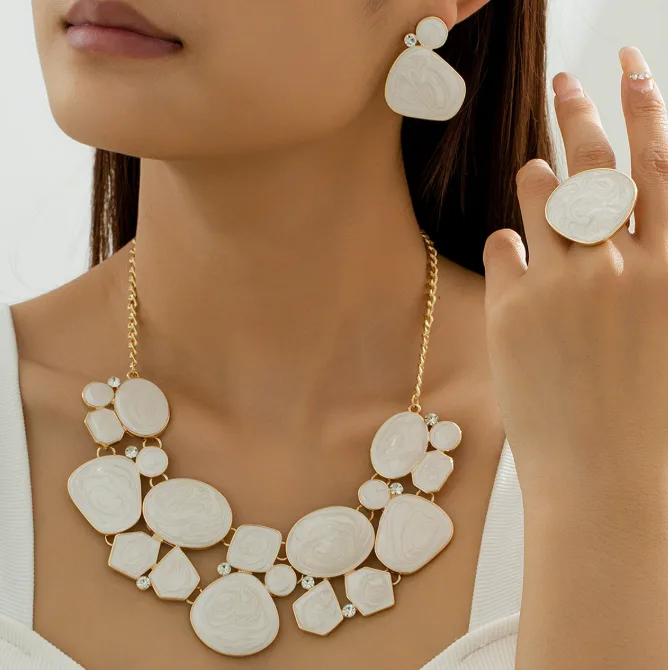 Swirl Enamel Irregular Geometric Bib Pendant Necklaces Stud Earrings Ring Chic Statement fancy jewelry for ladies Women sets view 3