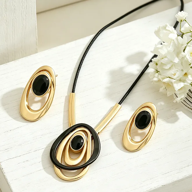 Vintage Two Tone Interlayer Oval Loop Pendant Necklaces Double Circle Stud Earrings Minimalist Business Women Statement chunky Jewelry