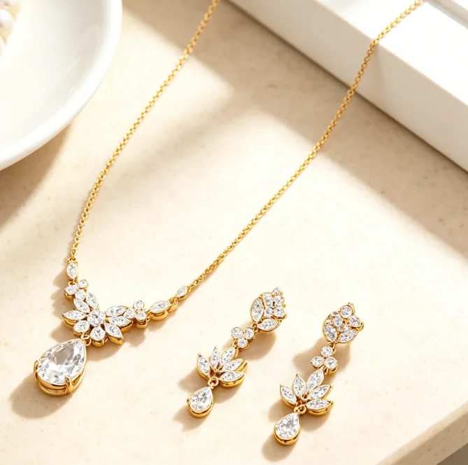 Elegant Floral Marquise Rhinestone Teardrop Pendant Necklaces Leaf Drop Dangle Earrings Women Bridal Wedding diamond Jewelry Sets