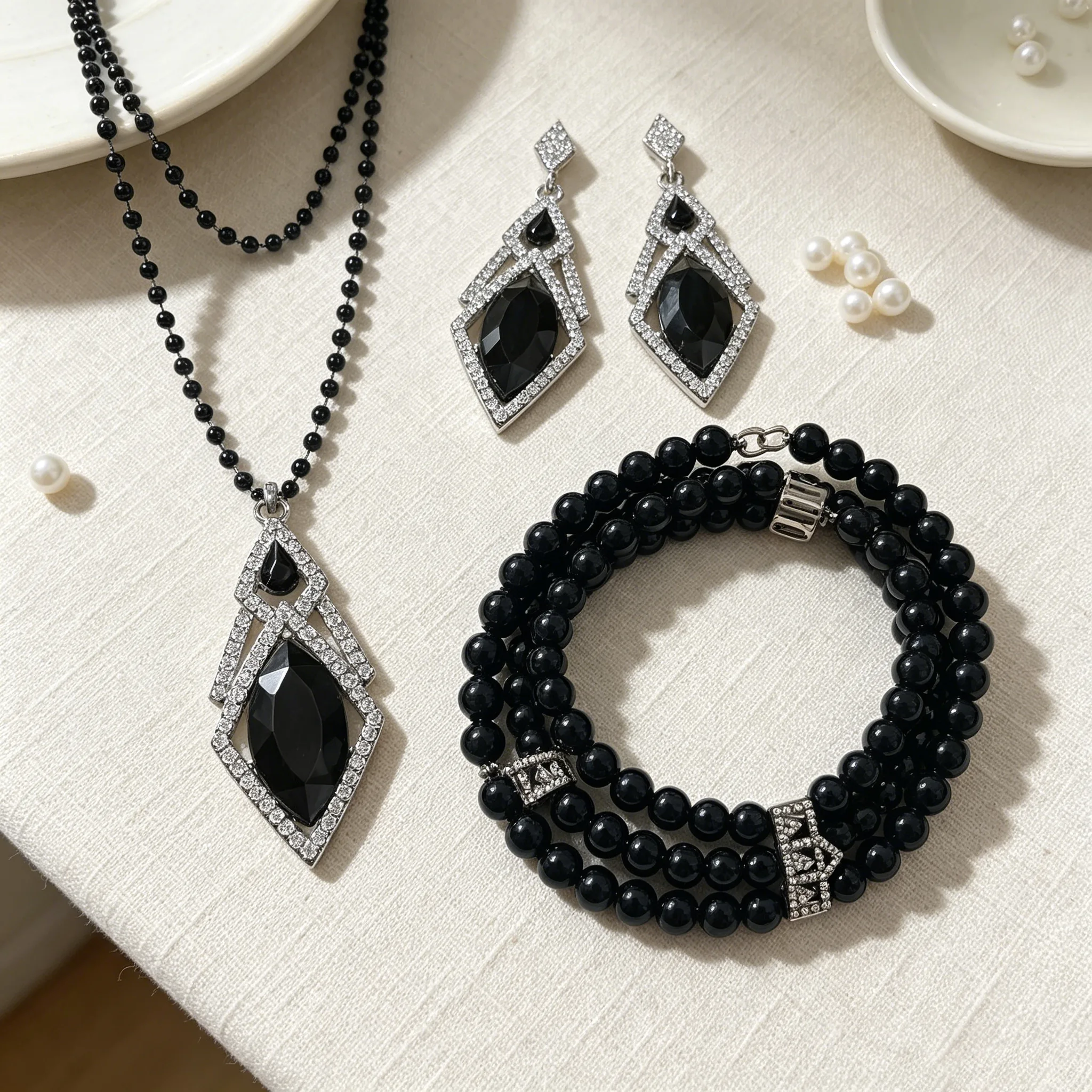 Trendy Gothic style Round Imitation Pearl Short black beaded long Necklaces bracelet Dangle Earrings Matching Jewelry Sets For Ladies women