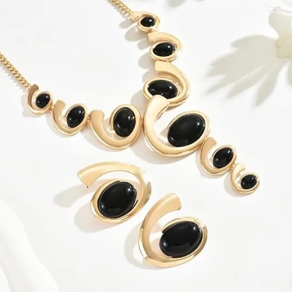 Modern Abstract Oval Black Stone Y-Shaped Necklaces Curved Frame Drop Earrings Women Trendy Party Statement chunky Jewelry Sets