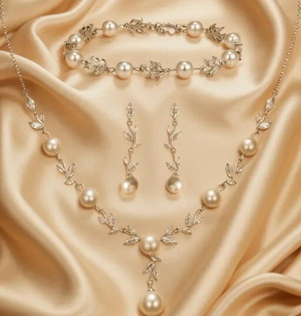 luxury Bridal Floral Rhinestone Y-Shaped Necklaces Leaf Pearl Drop Earrings Bracelets Jewelry Sets for Women Wedding Ceremony