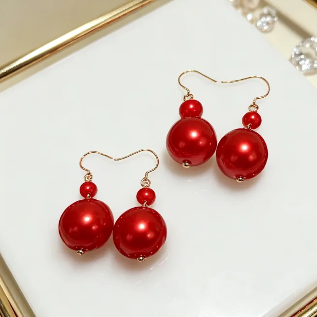 Glossy red beaded Imitation Pearl Multi Layer Collar Necklace Dual Gradient Round Drop Ear Ornaments Women French Retro Maillard Tone Evening Dress Jewelry Sets view 2