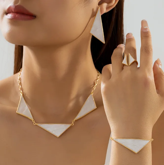 Modern Minimalist Cream Swirl Enamel Triangle Geometric Pendant Necklaces Bracelet Stud Earrings Open Ring Chic Office Women Statement Jewelry view 3
