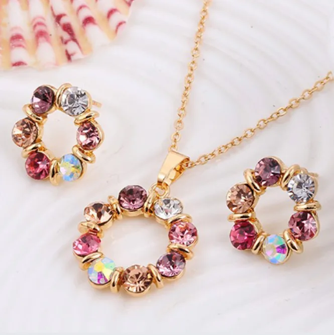 Romantic Multicolor Round Rhinestone Circle Pendant Necklaces Stud Earrings Sweet classic fashion Women Jewelry