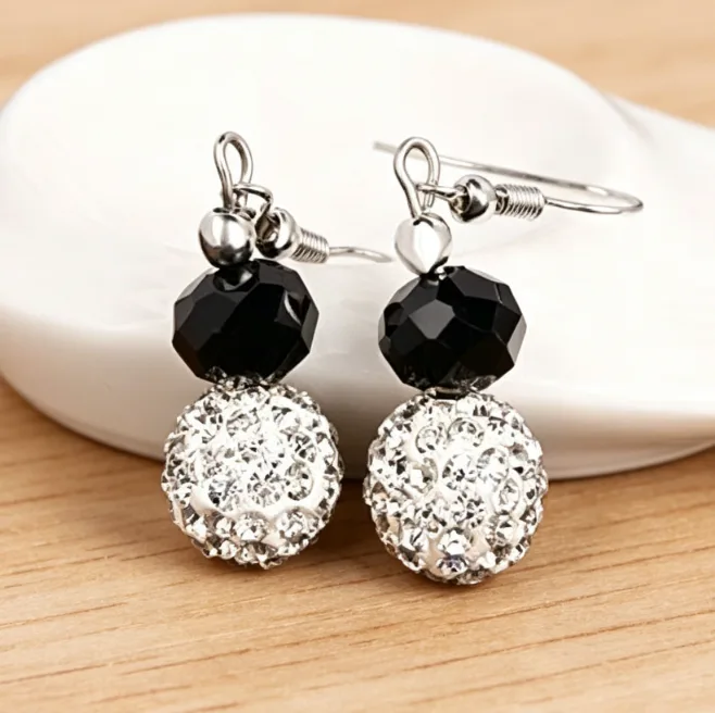 wholesale Contrast Black Faceted Bead & White Imitation Pearl Necklaces Rhinestone Ball Stretch Bracelets Dangle Earrings Women Jewelry Sets view 2