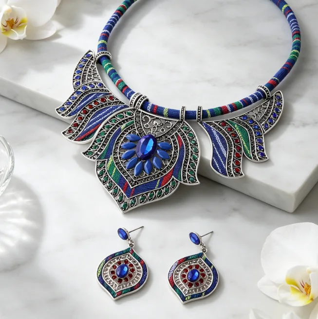 Bohemian blue Ethnic Colorful Fabric Statement Choker Necklaces Geometric Block Dangle Earrings Women Retro Holiday chunky Jewelry Sets view 3