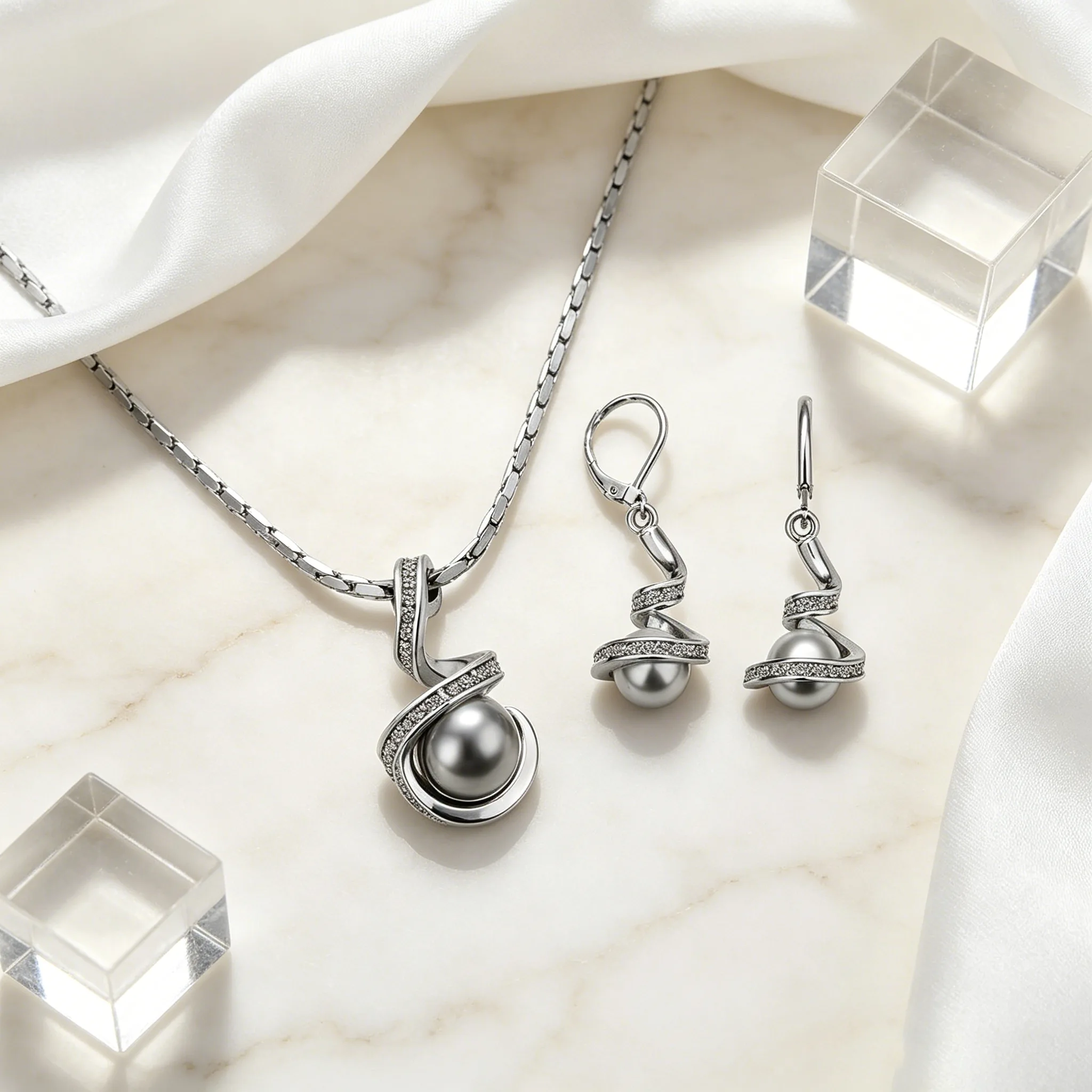 Modern Twisted Irregular Curve Pearl Pendant Necklaces Drop Earrings designer inspired Jewelry Sets for Women view 2
