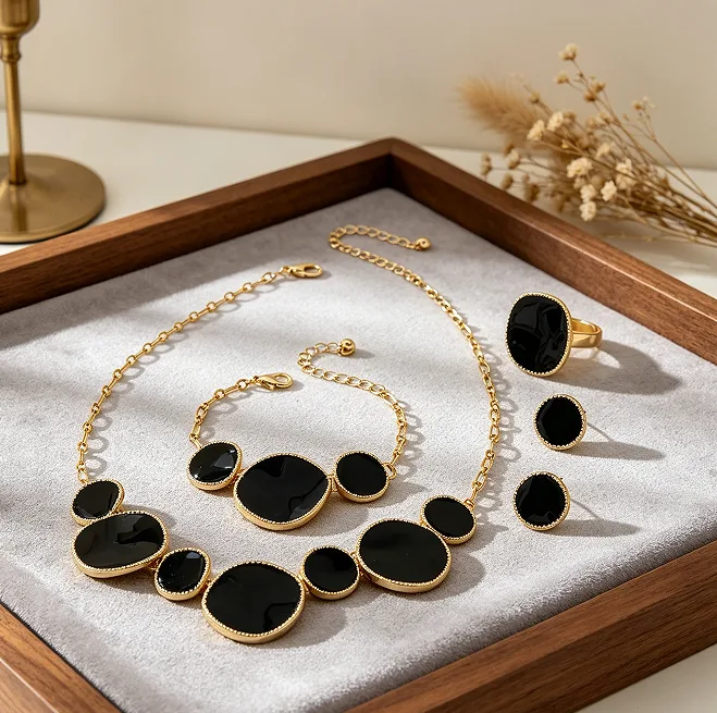 Minimalist Glossy Black Enamel Irregular Round Disc Pendant Necklaces Bracelet Stud Earrings Ring Cool Women Statement fashion Jewelry view 2