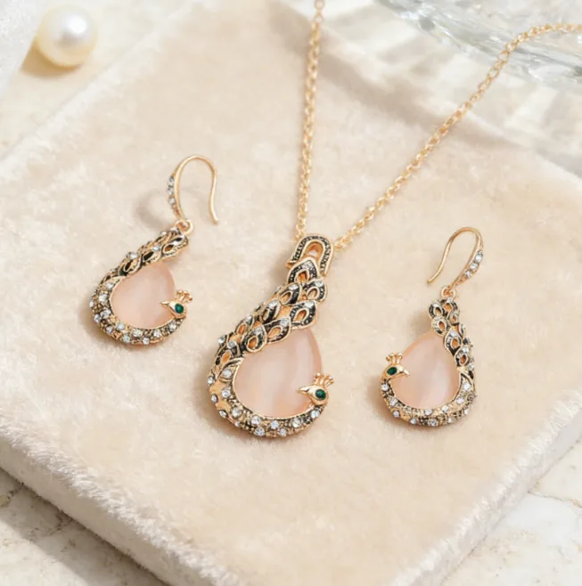 Peacock Shape Teardrop Cabochon Pendant Thin Link Necklaces Hook Drop Earrings Charms Bridal Wedding Elegant Party Jewelry for women view 2