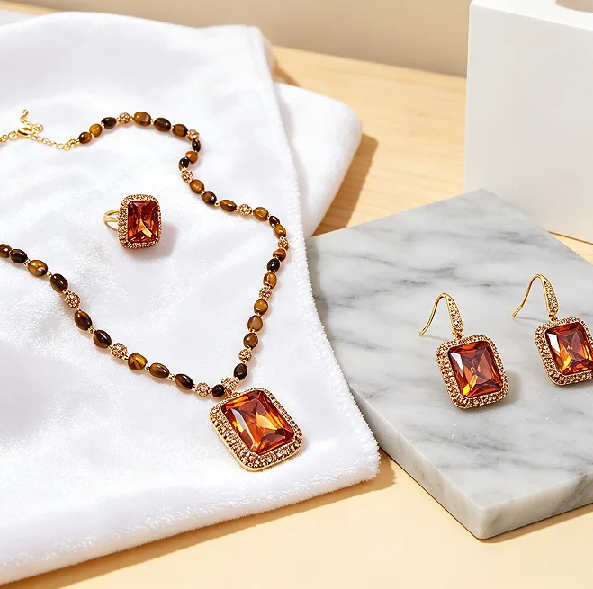 Vintage Rectangle Amber Tone Stone beaded Pendant Necklaces Dangle Earrings Adjustable Rings Retro Ethnic Women Jewelry Sets view 3