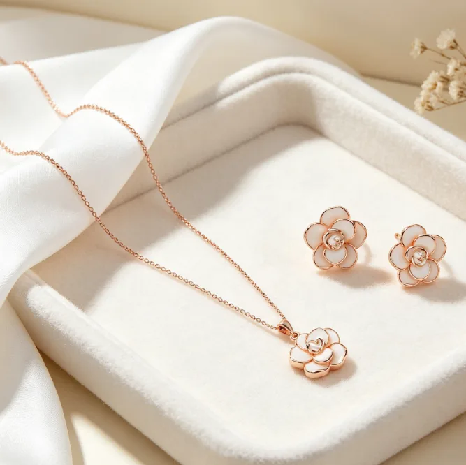 Elegant Enamel Rose Flower Pendant Thin Chain Necklaces Matching Layered Petal Rose Floral Stud Earrings Women Daily Dating Sweet Floral Jewelry Sets view 2