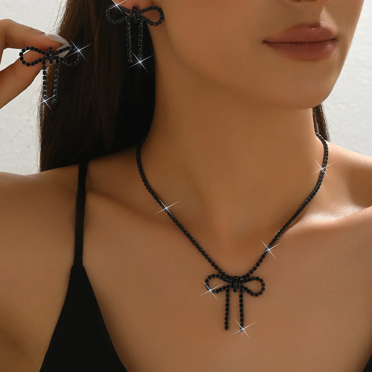 Sweet Bow full Rhinestone Pendant Choker Necklaces Bowknot Drop Earrings Jewelry Sets for Women Accessories view 3