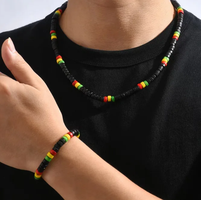 Vibrant Red Yellow Green Color Block black Beaded Stretch Bracelet Choker Necklaces Retro Reggae Street Men Daily Statement Jewelry Sets view 2