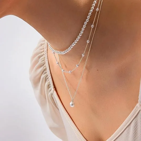 designer inspired Minimalist Triple Layer Pearl Stacked Necklaces for Women Daily party fashion Layering Jewelry view 3