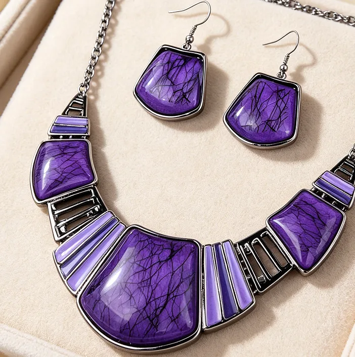 Boho Gradient Purple Crack Texture Geometric Panel Collar Necklaces Trapezoid Hook Dangle Ear Pendants Women Ethnic Vintage Party Statement Jewelry Sets view 2