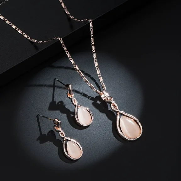 Modern Multi Curved Cat's eye stone water drop bride earrings pendant necklace set Complete Jewelry Sets For Birthday Prom view 2