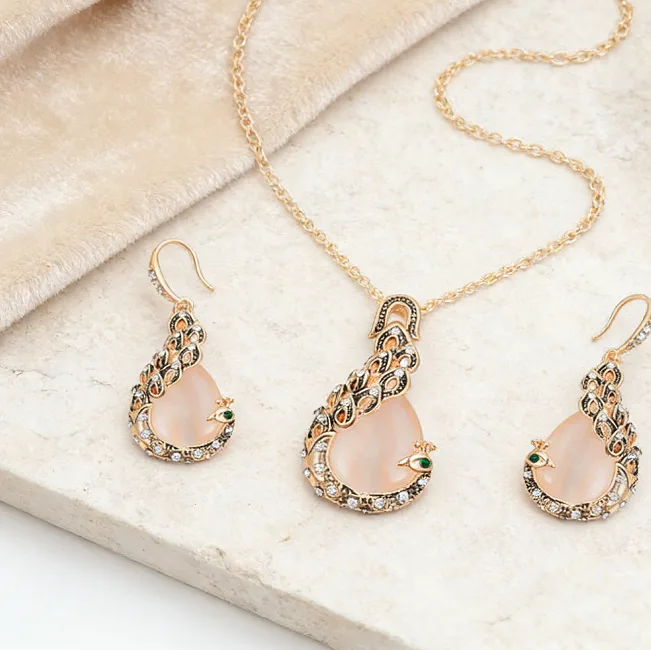 Peacock Shape Teardrop Cabochon Pendant Thin Link Necklaces Hook Drop Earrings Charms Bridal Wedding Elegant Party Jewelry for women