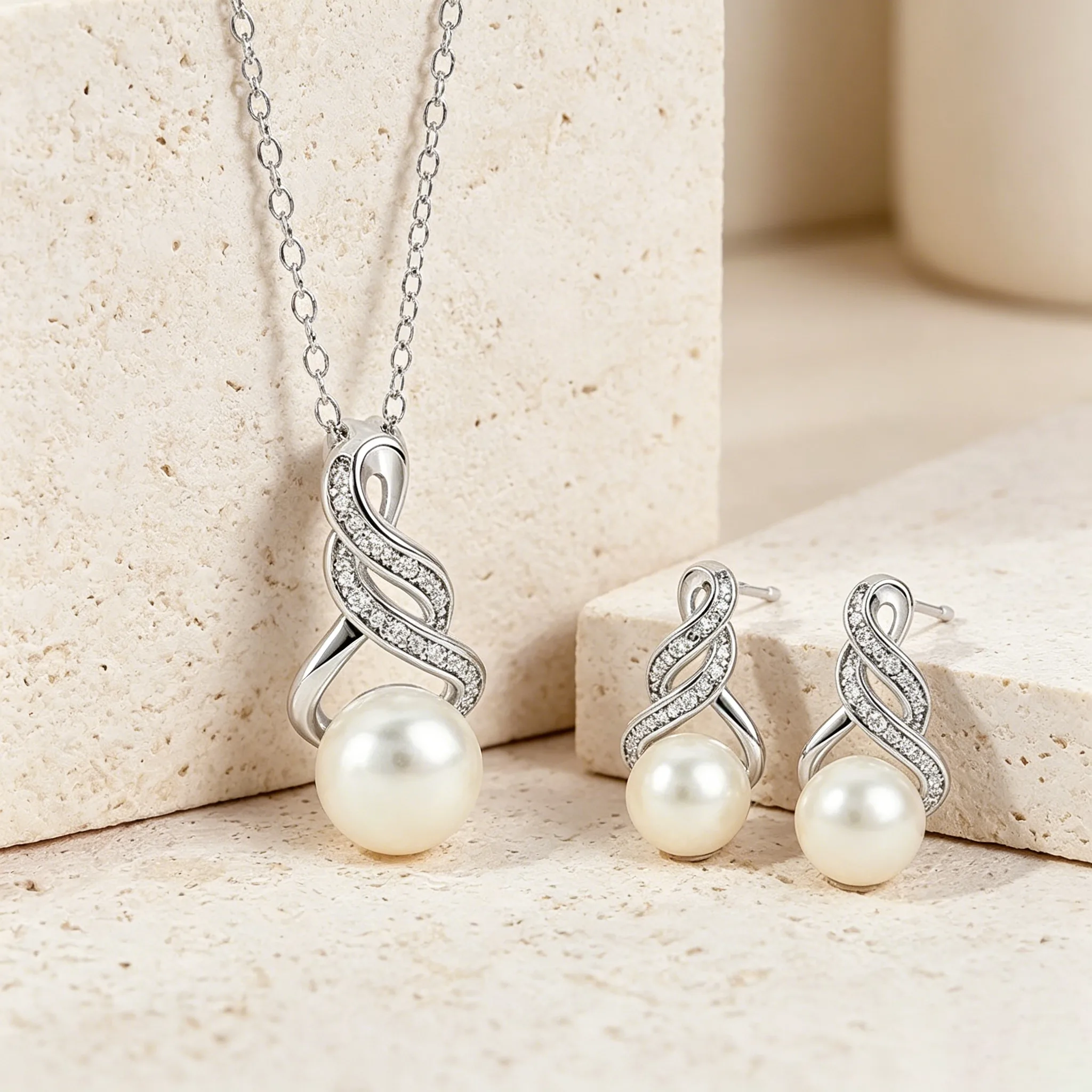 Minimalist Twisted Line Rhinestone Imitation pearl Pendant Necklaces Drop Earrings for Women elegant designer Jewelry Sets