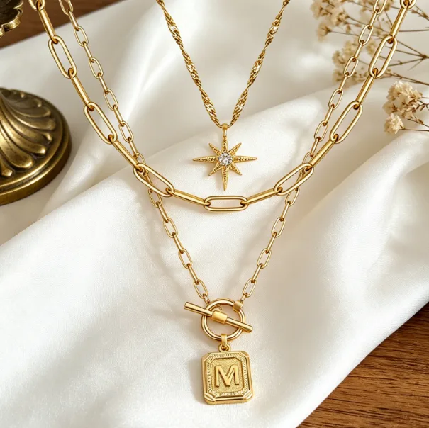 Vintage Three Layer Stacked Chain Necklaces Tiny Starburst Rhinestone Charms Square Initial Letter OT Toggle Pendant Women Daily Layering Fashion Jewelry