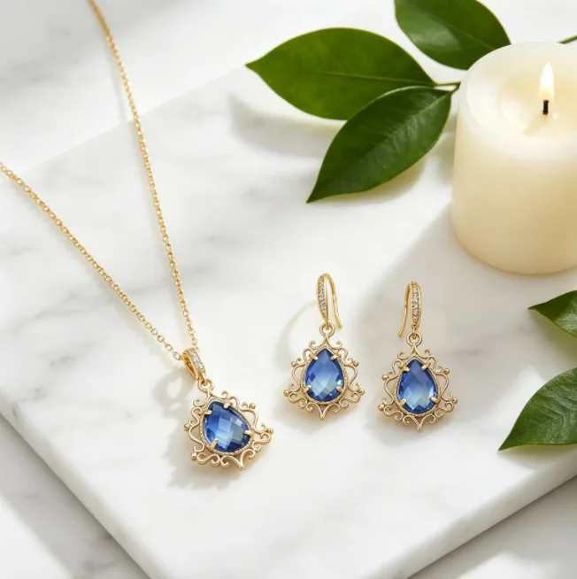 Copper Inlaid Zircon Vintage Hollow Filigree Teardrop Blue Gem Pendant Necklaces Hook Drop Earrings Wedding Banquet Elegant Women Jewelry view 2