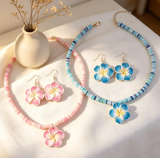Bohemian Vacation Multicolor Strip Bead Choker Necklaces Pink Plumeria Flower Earrings Women Tropical Beach Holiday Sweet Floral Jewelry Sets view 3