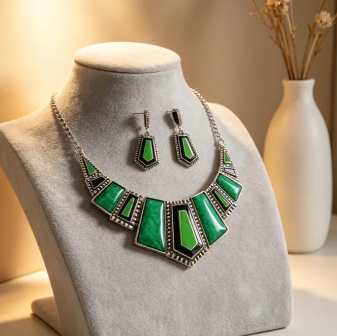 Vintage Boho green Geometric pendant Necklaces Layer Drop Earrings Ethnic chunky Statement Jewelry for Women view 2