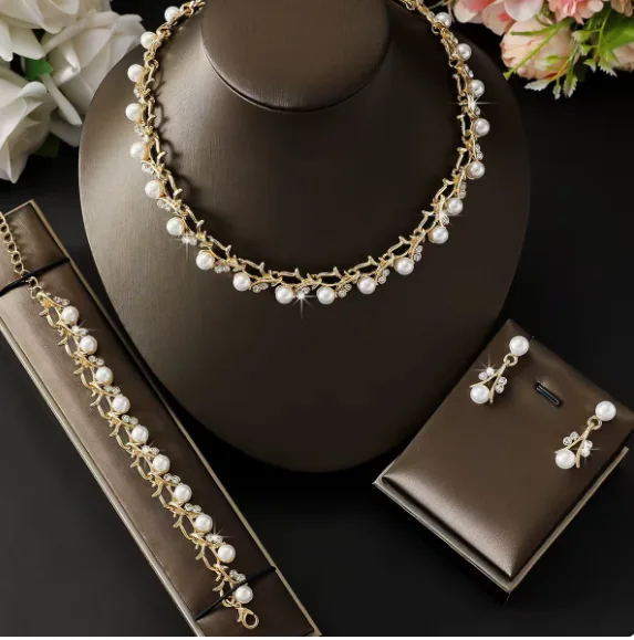 Imitation Pearl women luxury gold color fashion jewelry leaf shaped necklace bracelet drop earrings view 2