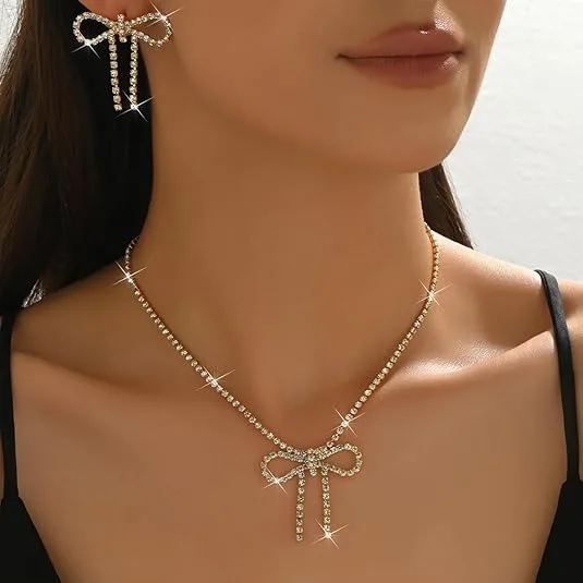 Sweet Bow full Rhinestone Pendant Choker Necklaces Bowknot Drop Earrings Jewelry Sets for Women Accessories view 2