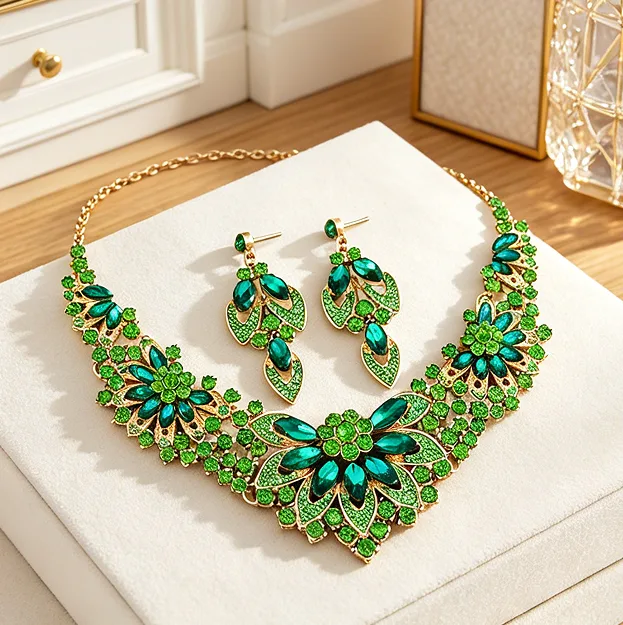 Luxury Leaf Flower Full Rhinestone Bib Choker Necklaces Long Drop Earrings Emerald Green diamond Formal Women Jewelry Sets
