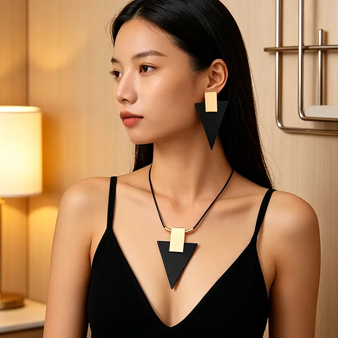 Exaggerated Two Tone Geometric Triangle Pendant Necklaces Contrast Color Drop Earrings Minimalist Street Women Statement Jewelry view 3
