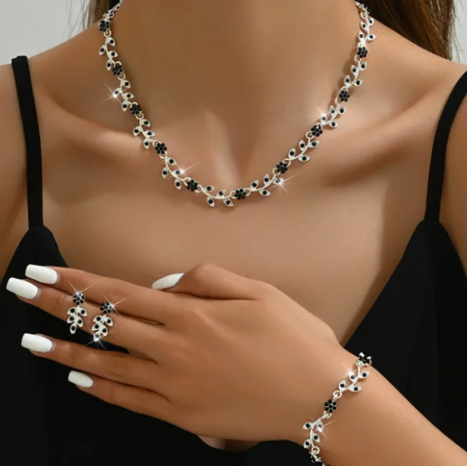Dark Blue Camellia Rhinestone Vine Collar Necklaces flower Bracelet Floral Drop Earrings Wedding Party Delicate Elegant Fashion Jewelry for women view 3