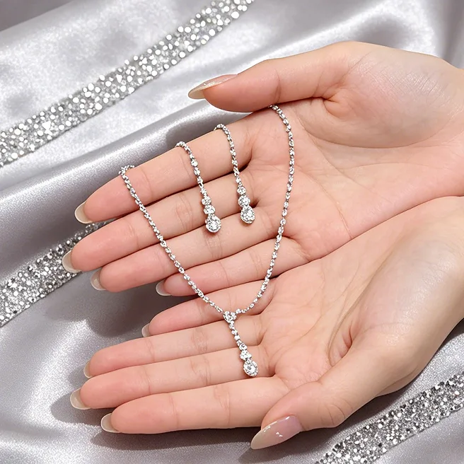 French Minimalist Linear full Rhinestone Y Drop Necklaces Dangle Earrings Thin tennis bracelet Women Bridal Evening Jewelry Sets