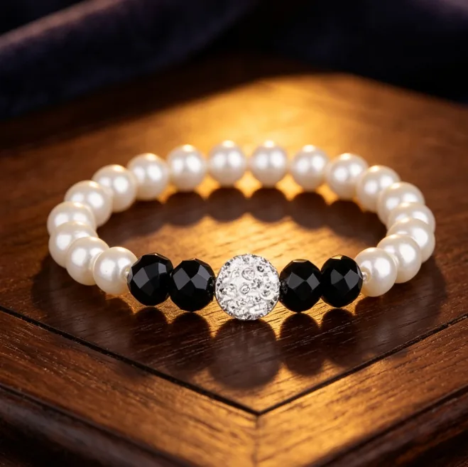 wholesale Contrast Black Faceted Bead & White Imitation Pearl Necklaces Rhinestone Ball Stretch Bracelets Dangle Earrings Women Jewelry Sets view 3