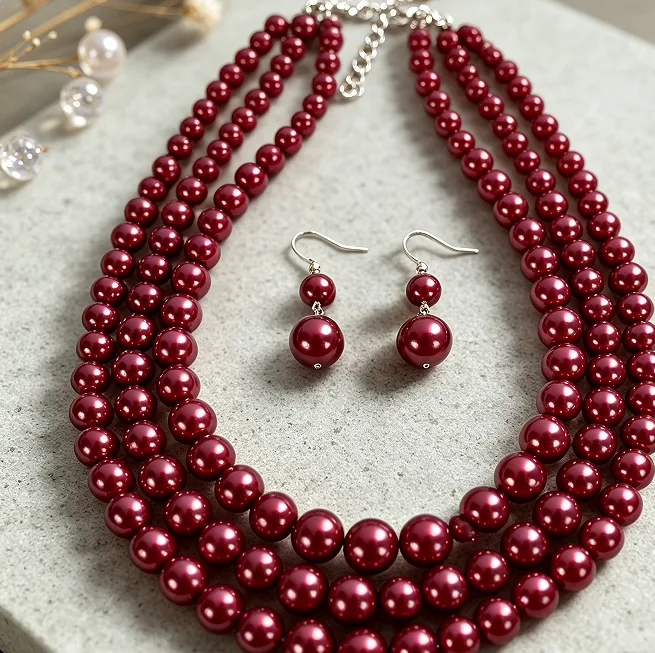 Glossy black beaded Imitation Pearl Multi Layer Collar Necklace Dual Gradient Round Drop Ear Ornaments Women French Retro Maillard Tone Evening Dress Jewelry Sets view 3