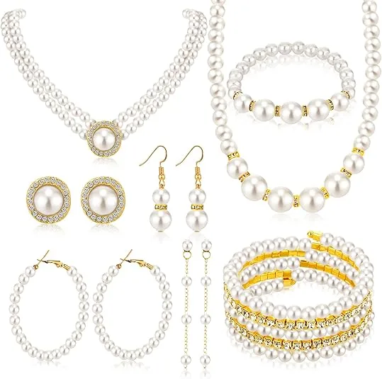 Fashion Multi Tier Pearl Tassel Necklaces Varied Length Pearl Drop Earrings Wide Row Pearl Bracelets Women Stack gold Jewelry Sets for gift